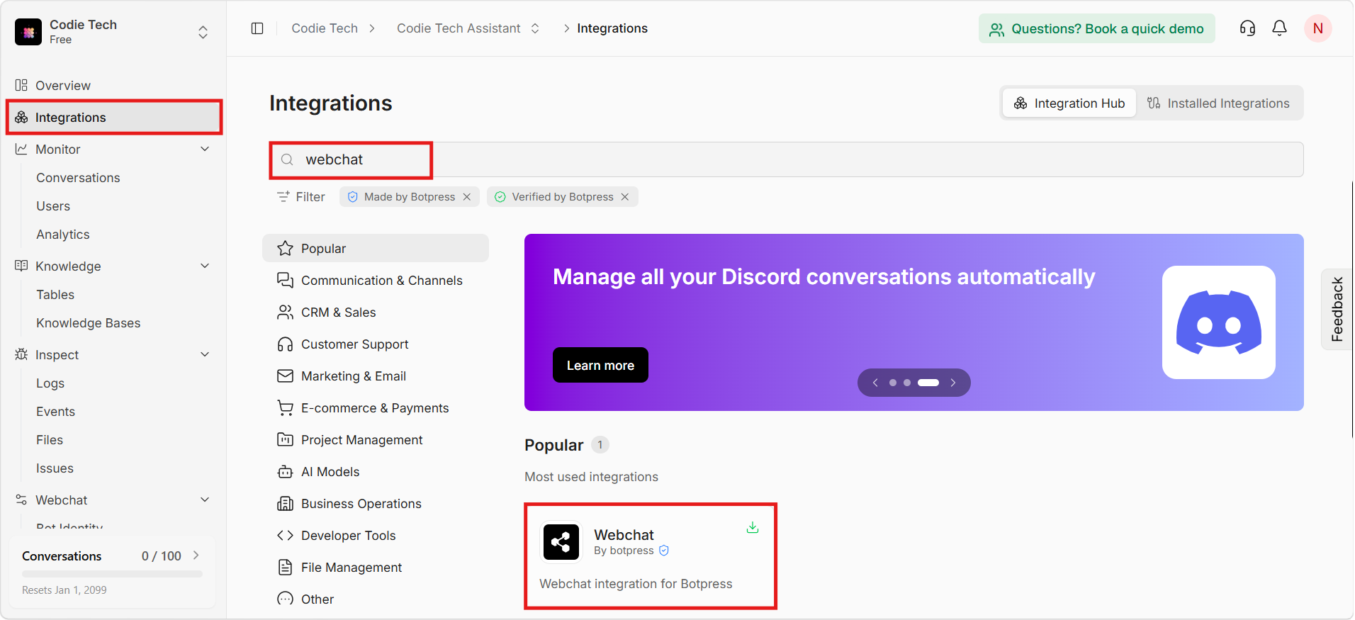 Botpress Webchat Integration
