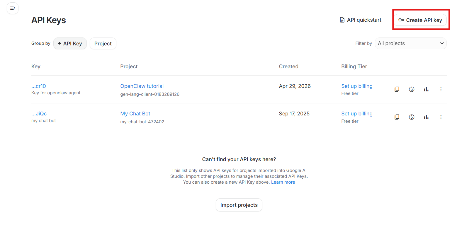 Create API key in Google AI Studio