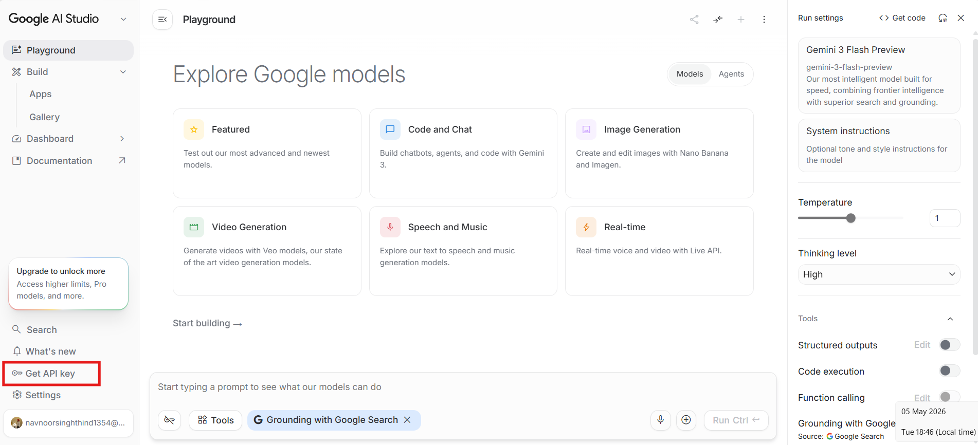 Google AI Studio get API key section