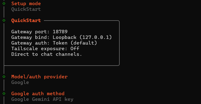OpenClaw QuickStart setup screen