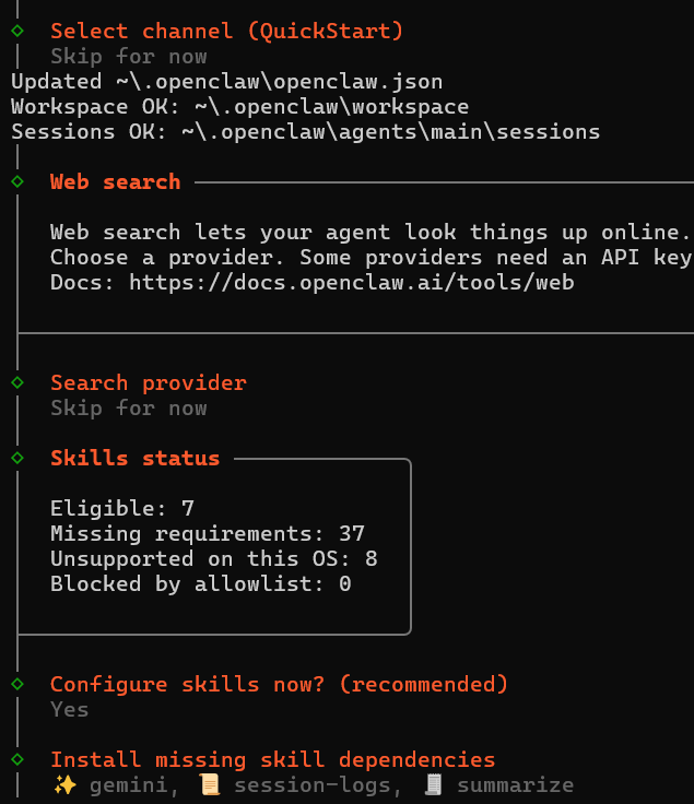 OpenClaw onboarding skip options