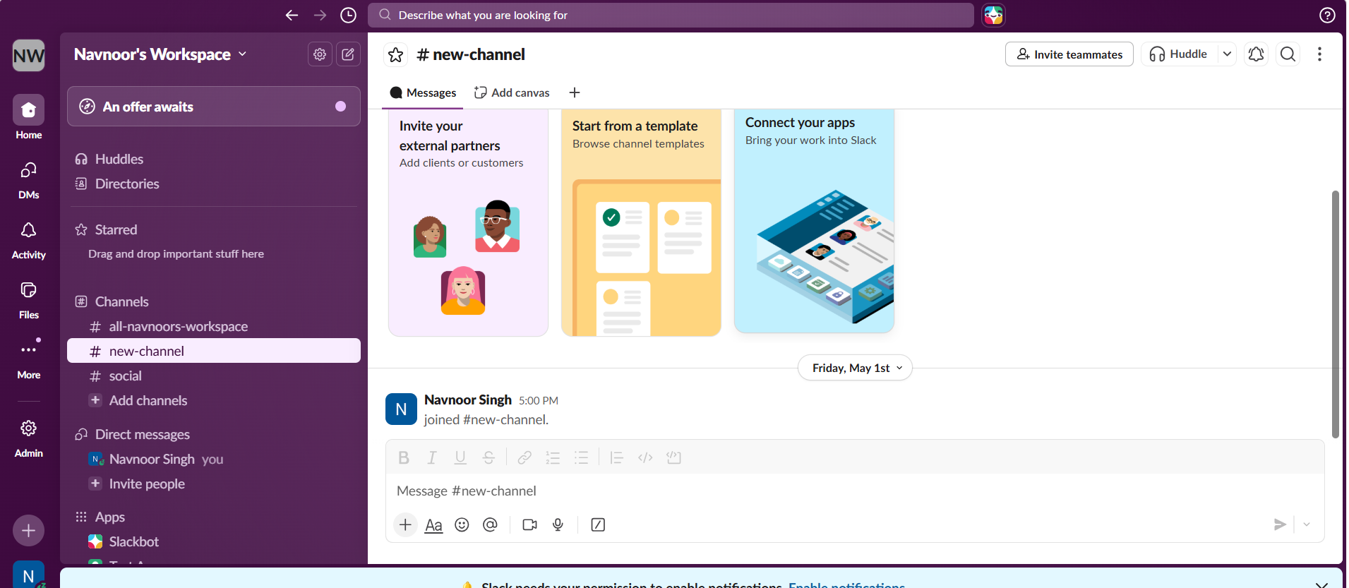 Slack workspace and channel setup
