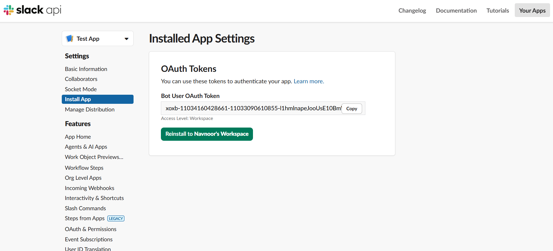 Slack bot OAuth token