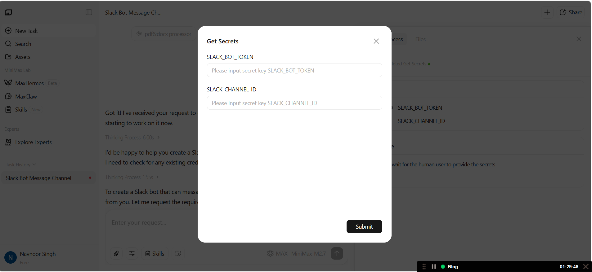 MiniMax Slack secrets configuration