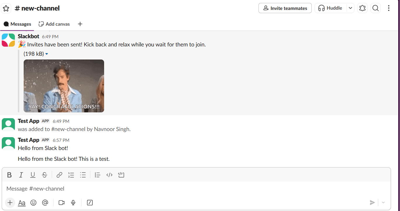 Slack bot successfully sending messages